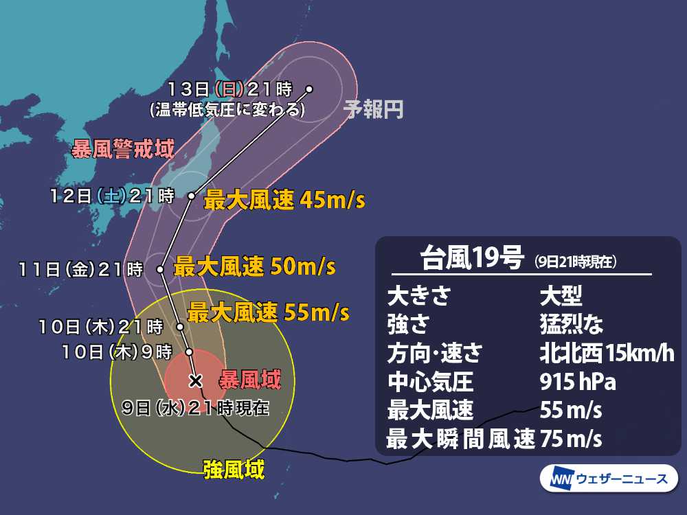 猛烈な台風19号北上 三連休初日 非常に強い勢力で上陸か 2019年10月9日 Biglobeニュース