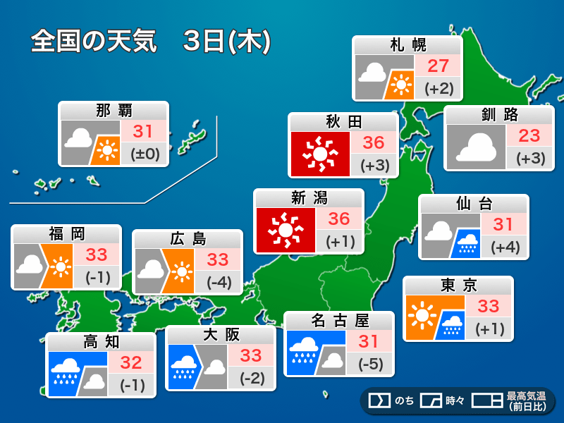 今日9月3日 木 の天気 東海 近畿は激しい雨 日本海側は高温続く 台風9号の間接的な影響 ウェザーニューズ Goo ニュース