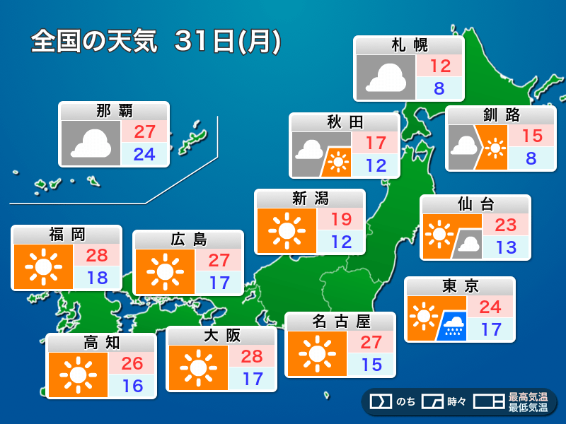 明日31日(月)の天気 広く晴天も、東日本は天気急変に注意 - ウェザーニュース