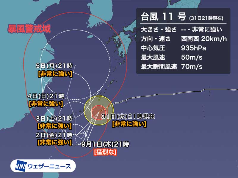 非常に強い台風11号 明日にかけ再発達し、沖縄は影響長引くおそれ - ウェザーニュース