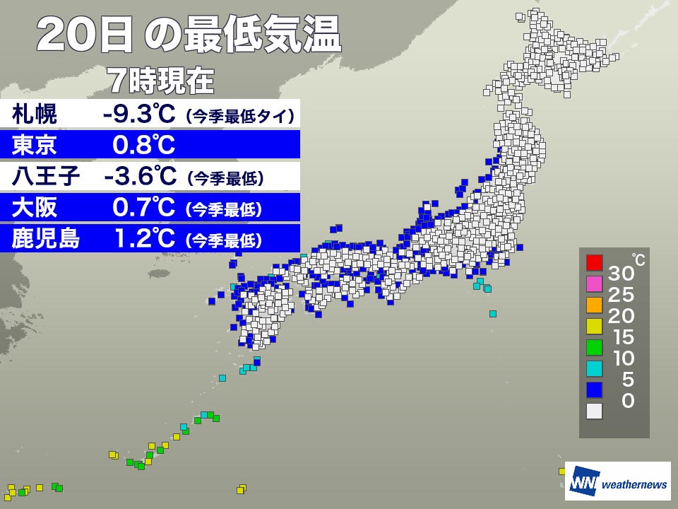 今朝も冷え込み強く、大阪・札幌・鹿児島など今季最低気温を観測 - ウェザーニュース