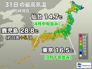 関東や東北太平洋側は春先の肌寒さ　晴れた西日本は夏日の所も