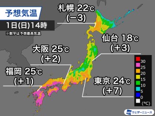 明日は関東の肌寒さが解消　西日本は広範囲で夏日に