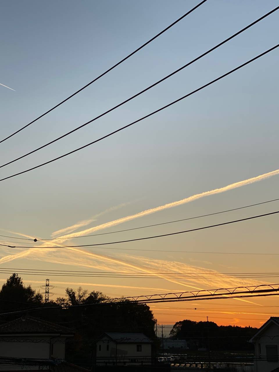 飛行機雲の交差する夕空 注目の空の写真 ウェザーニュース